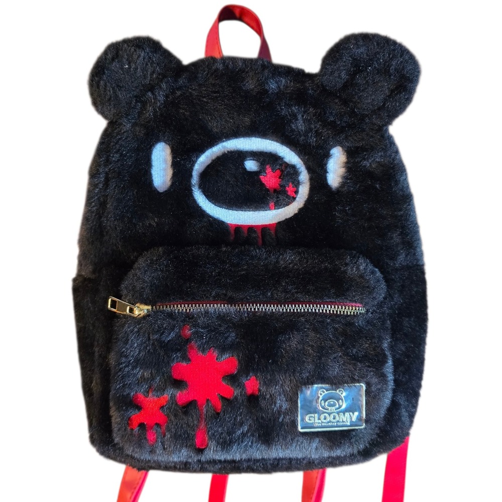 Bioworld Gloomy Bear Black Plush Mini Backpack Faux Fur Blood Splatter Naughty